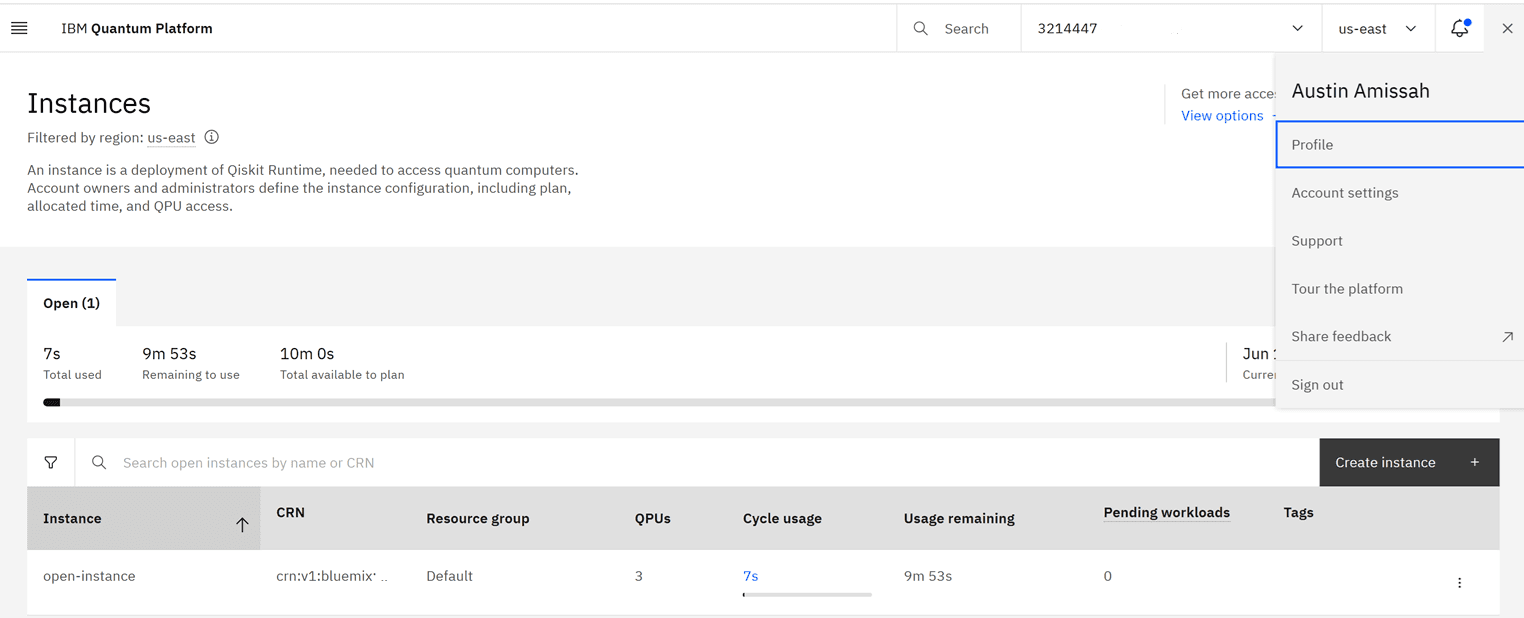 Screenshot of the IBM Quantum Platform Instances dashboard showing one Open Plan instance named open-instance with 3 QPUs, 7 seconds total used, 9 minutes 53 seconds remaining, and 10 minutes total available for the cycle.