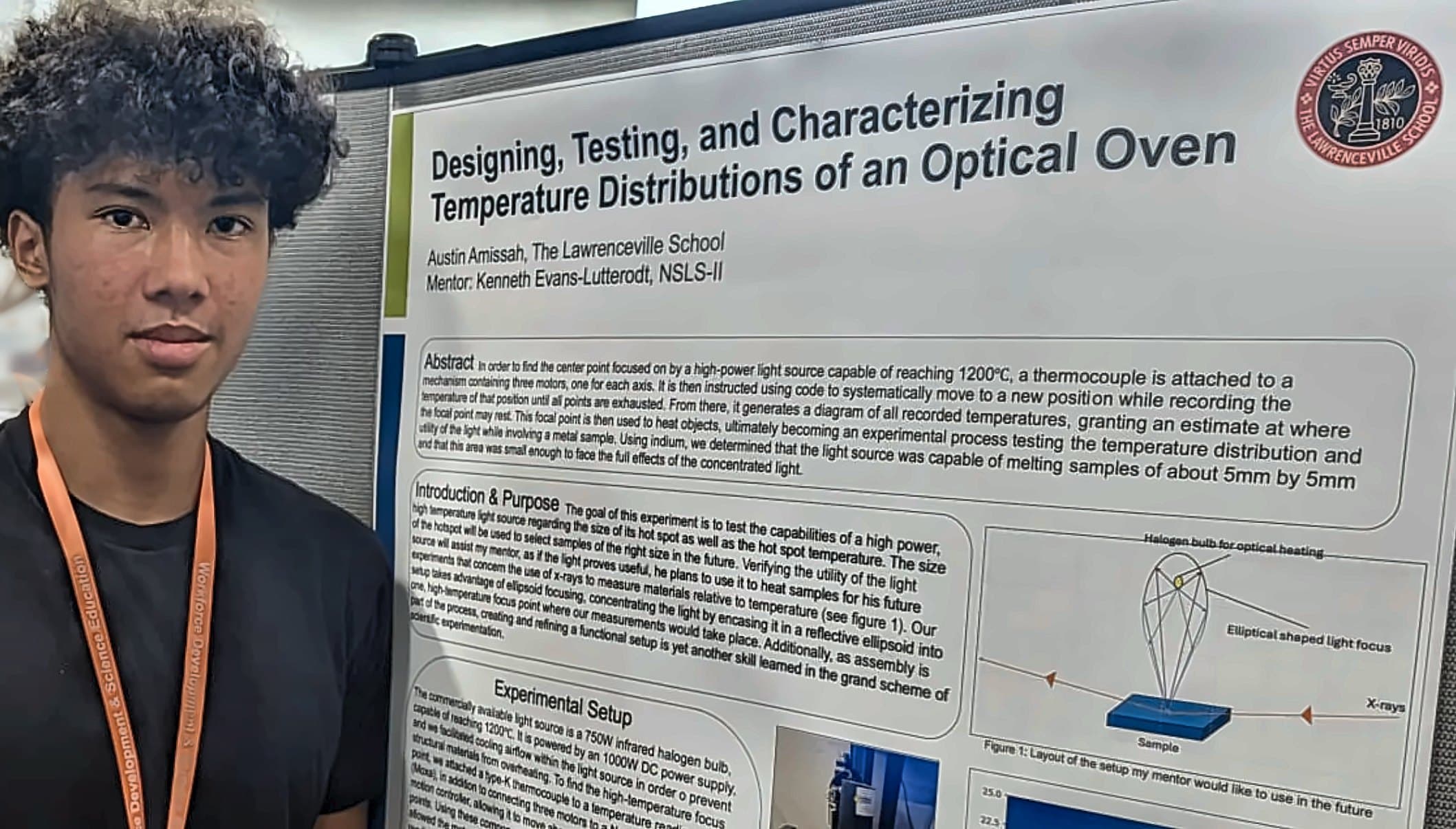 Austin Amissah standing beside his research poster at the Brookhaven poster session, wearing a Workforce Development and Science Education lanyard.
